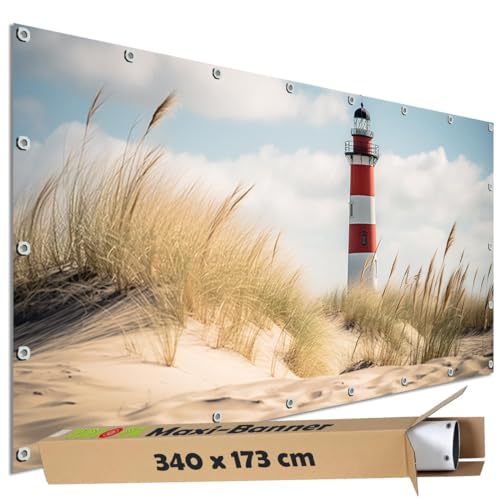 TRIOSK Große Motivplane Sichtschutz Zaunblende mit Motiv Leuchtturm Dünen Sand Strand Motivbanner Garten Deko Plane Blickdicht für Zaun Terrasse Gartenzaun Zaunplane PVC 340x173 cm von TRIOSK