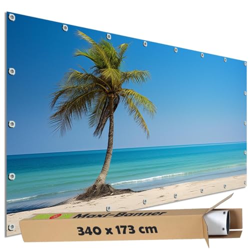 TRIOSK Große Motivplane Sichtschutz Zaunblende mit Motiv Karibikpalme Meer Strand Motivbanner Garten Deko Plane Blickdicht für Zaun Terrasse Gartenzaun Zaunplane PVC 340x173 cm von TRIOSK
