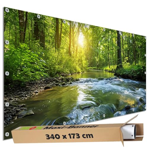 TRIOSK Große Motivplane Garten Sichtschutz Zaunplane mit Motiv Wald Sonnenlicht Waldfluss Motivbanner Deko Plane Blickdicht für Zaun Terrasse Gartenzaun Zaunblende PVC 340x173 cm von TRIOSK