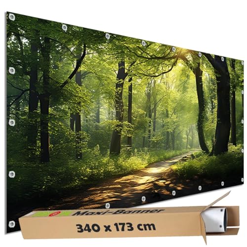 TRIOSK Große Motivplane Garten Sichtschutz Zaunplane mit Motiv Wald Sonnenweg Waldpfad Motivbanner Deko Plane Blickdicht für Zaun Terrasse Gartenzaun Zaunblende PVC 340x173 cm von TRIOSK