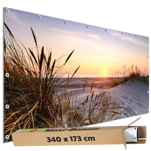 TRIOSK Große Motivplane Sichtschutz Zaunblende mit Motiv Abendsonne Strand Dünen Meer Motivbanner Garten Deko Plane Blickdicht für Zaun Terrasse Gartenzaun Zaunplane PVC 340x173 cm von TRIOSK