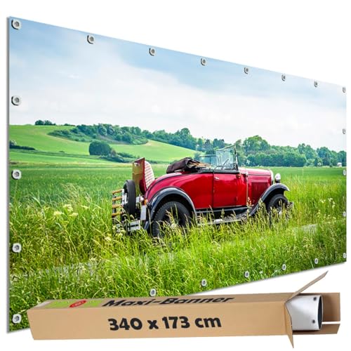 TRIOSK Große Motivplane Sichtschutz Zaunblende mit Motiv Auto Landschaft Oldtimer Tour Motivbanner Garten Deko Plane Blickdicht für Zaun Terrasse Gartenzaun Zaunplane PVC 340x173 cm von TRIOSK