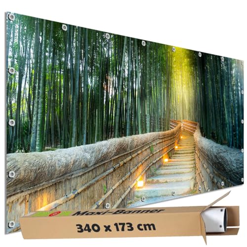 TRIOSK Große Motivplane Sichtschutz Zaunblende mit Motiv Bambus Lichterweg Bambuswald Motivbanner Garten Deko Plane Blickdicht für Zaun Terrasse Gartenzaun Zaunplane PVC 340x173 cm von TRIOSK