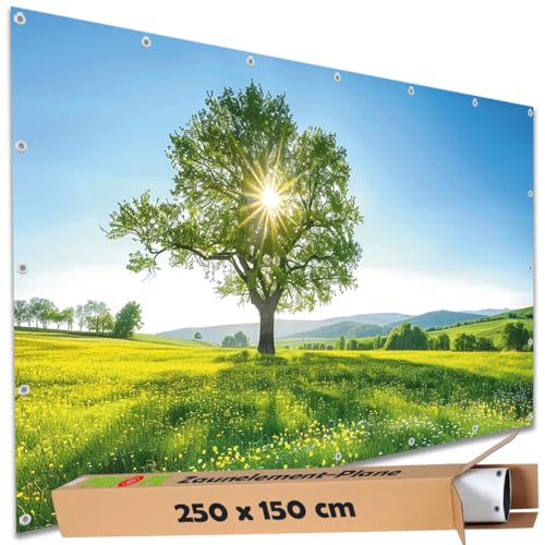 TRIOSK Sichtschutz Garten Deko Zaun Plane Blickdicht groß mit Zaunblende Motiv Blumenwiese Baum Sonnenlicht für Balkon Terrasse Zaunelement Doppelstabmatten Gartenzaun PVC 250x150 cm von TRIOSK