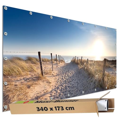 TRIOSK Große Motivplane Sichtschutz Zaunblende mit Motiv Dünenweg Strand Meer Motivbanner Garten Deko Plane Blickdicht für Zaun Terrasse Gartenzaun Zaunplane PVC 340x173 cm von TRIOSK