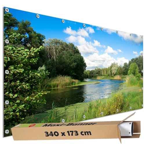 TRIOSK Große Motivplane Sichtschutz Zaunblende mit Motiv Flusslauf Ufer Wiese Wasser Motivbanner Garten Deko Plane Blickdicht für Zaun Terrasse Gartenzaun Zaunplane PVC 340x173 cm von TRIOSK