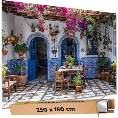 TRIOSK Sichtschutz Garten Deko Zaun Plane Blickdicht groß mit Zaunblende Motiv Gartenterrasse Landhaus Mediterran für Zaunelement Doppelstabmatten Stabmattenzaun Gartenzaun PVC 250x180 cm von TRIOSK