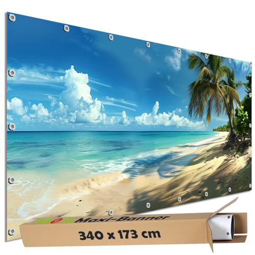 TRIOSK Große Motivplane Sichtschutz Zaunblende mit Motiv Karibikstrand Meer Palmen Strand Motivbanner Garten Deko Plane Blickdicht für Zaun Terrasse Gartenzaun Zaunplane PVC 340x173 cm von TRIOSK