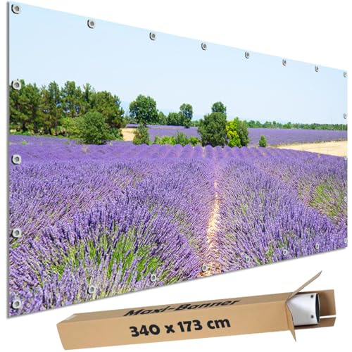 TRIOSK Große Motivplane Sichtschutz Zaunblende mit Motiv Lavendelblüten Blumenfeld Motivbanner Garten Deko Plane Blickdicht für Zaun Terrasse Gartenzaun Zaunplane PVC 340x173 cm von TRIOSK