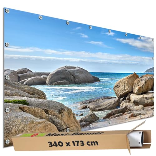 TRIOSK Große Motivplane Sichtschutz Zaunblende mit Motiv Meeresbucht Felsen Meer Südafrika Motivbanner Garten Deko Plane Blickdicht für Zaun Terrasse Gartenzaun Zaunplane PVC 340x173 cm von TRIOSK