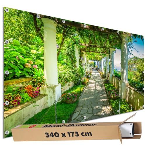 TRIOSK Große Motivplane Sichtschutz Zaunblende mit Motiv Pergolaweg Capri Insel Italien Motivbanner Garten Deko Plane Blickdicht für Zaun Terrasse Gartenzaun Zaunplane PVC 340x173 cm von TRIOSK