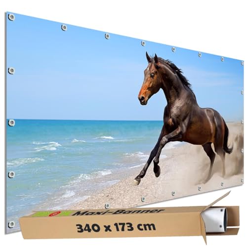 TRIOSK Große Motivplane Sichtschutz Zaunblende mit Motiv Pferd Sandstrand Meer Strand Motivbanner Garten Deko Plane Blickdicht für Zaun Terrasse Gartenzaun Zaunplane PVC 340x173 cm von TRIOSK