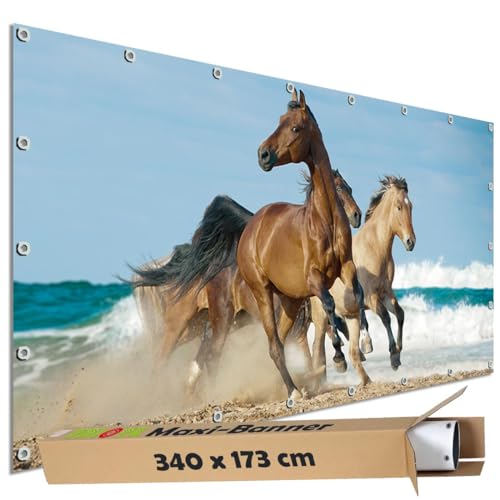 TRIOSK Große Motivplane Sichtschutz Zaunblende mit Motiv Pferde Meer Strand Strandpferde Motivbanner Garten Deko Plane Blickdicht für Zaun Terrasse Gartenzaun Zaunplane PVC 340x173 cm von TRIOSK