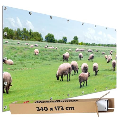 TRIOSK Große Motivplane Sichtschutz Zaunblende mit Motiv Schafweide Schafe Schafherde Wiese Motivbanner Garten Deko Plane Blickdicht für Zaun Terrasse Gartenzaun Zaunplane PVC 340x173 cm von TRIOSK