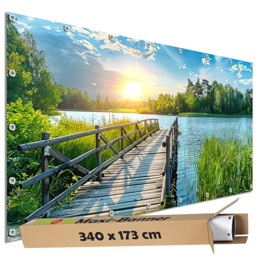 TRIOSK Große Motivplane Sichtschutz Zaunblende mit Motiv Schilfsee Brückenweg Badesteg Motivbanner Garten Deko Plane Blickdicht für Zaun Terrasse Gartenzaun Zaunplane PVC 340x173 cm von TRIOSK