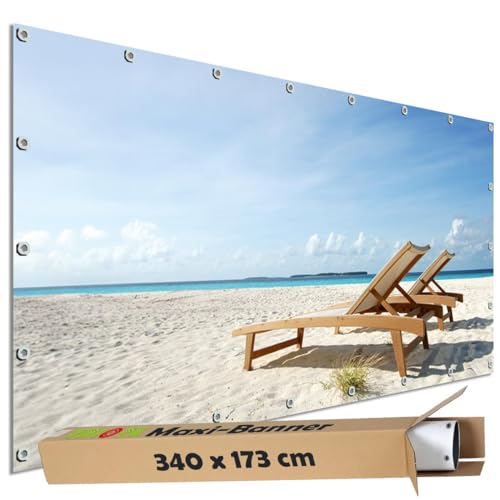 TRIOSK Große Motivplane Sichtschutz Zaunblende mit Motiv Strand Liegestühle Meer Motivbanner Garten Deko Plane Blickdicht für Zaun Terrasse Gartenzaun Zaunplane PVC 340x173 cm von TRIOSK