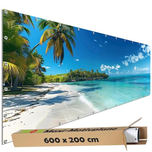 TRIOSK Große Motivplane Sichtschutz Zaunblende mit Motiv Südseestrand Meer Palmen Strand Motivbanner Garten Deko Plane Blickdicht für Zaun Terrasse Gartenzaun Zaunplane PVC 600x200 cm von TRIOSK