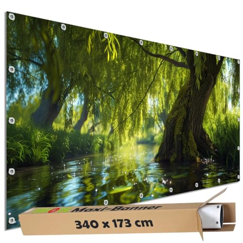 TRIOSK Große Motivplane Sichtschutz Zaunblende mit Motiv Uferweide Fluss Wasser Baum Bach Motivbanner Garten Deko Plane Blickdicht für Zaun Terrasse Gartenzaun Zaunplane PVC 340x173 cm von TRIOSK