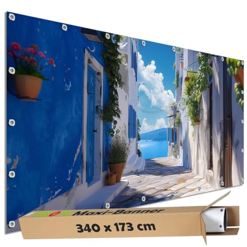 TRIOSK Große Motivplane Sichtschutz Zaunblende mit Motiv Weiße Meergasse Griechenland Meer Motivbanner Garten Deko Plane Blickdicht für Zaun Terrasse Gartenzaun Zaunplane PVC 340x173 cm TRIOSK Große Motivplane Sichtschutz Zaunblende mit Motiv Weiße Meergasse Griechenland Meer Motivbanner Garten Deko Plane Blickdicht für Zaun Terrasse Gartenzaun Zaunplane PVC 340x173 cm von TRIOSK