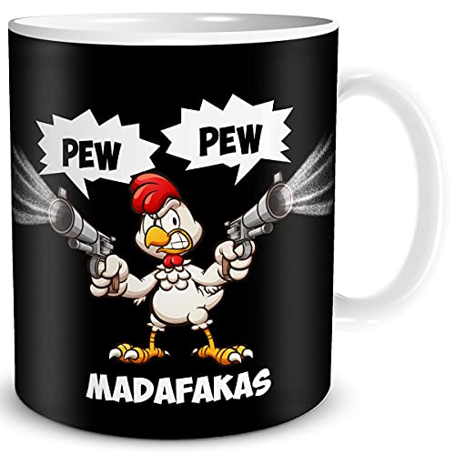 TRIOSK Hühner Tasse Pew Pew Madafakas mit Spruch lustig Schießendes Huhn Geschenk Bürotasse für Männer Frauen Hühnerliebhaber Kollegen Schwarz, Keramik 300ml von TRIOSK