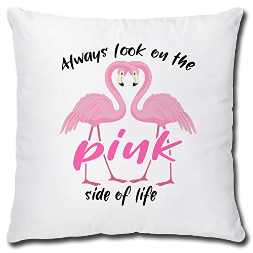 TRIOSK Kissen Flamingo Always Look on The Pink Side, Geschenk Frauen Freundin Dekokissen Bezug inkl. Füllung Reißverschluss, Weiß Rosa, 40x40 cm von TRIOSK