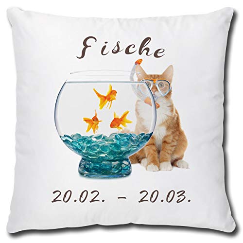 TRIOSK Kissen mit Katze Katzenmotiv Sternzeichen Fische Spruch lustig Katzen Geschenk für Katzenliebhaber Frauen Freundin Dekokissen 40x40 von TRIOSK