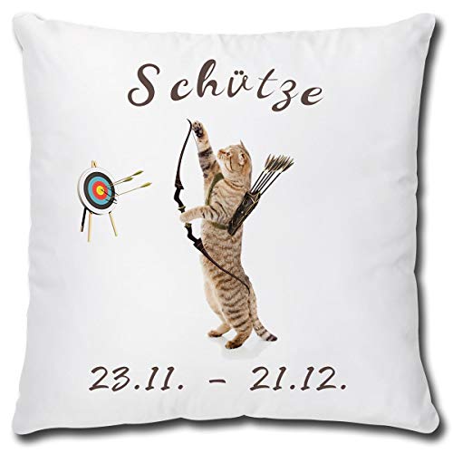 TRIOSK Kissen mit Katze Katzenmotiv Sternzeichen Schütze Spruch lustig Katzen Geschenk für Katzenliebhaber Frauen Freundin Dekokissen 40x40 von TRIOSK