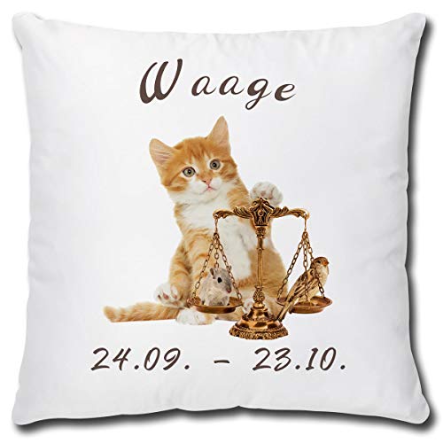 TRIOSK Kissen mit Katze Katzenmotiv Sternzeichen Waage Spruch lustig Katzen Geschenk für Katzenliebhaber Frauen Freundin Dekokissen 40x40 von TRIOSK