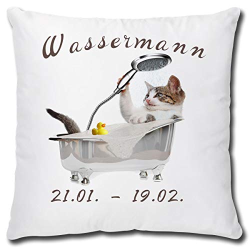 TRIOSK Kissen mit Katze Katzenmotiv Sternzeichen Wassermann Spruch lustig Katzen Geschenk für Katzenliebhaber Frauen Freundin Dekokissen 40x40 von TRIOSK