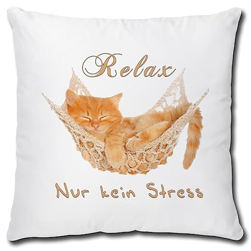 TRIOSK Kissen mit Katze Katzenmotiv Relax Spruch lustig Kein Stress Katzen Geschenk für Katzenliebhaber Frauen Freundin Dekokissen 40x40 von TRIOSK