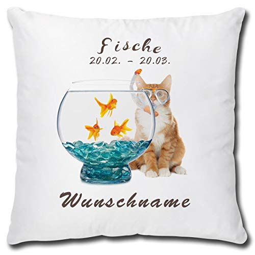 TRIOSK Kissen Katzenmotiv mit Namen personalisiert Sternzeichen Fische Dekokissen Katze lustig Geschenk für Katzenliebhaber Frauen Mädchen Kinder 40x40 Weiß Bunt von TRIOSK