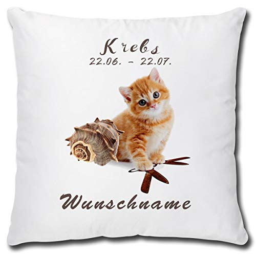 TRIOSK Kissen Katzenmotiv mit Namen personalisiert Sternzeichen Krebs Dekokissen Katze lustig Geschenk für Katzenliebhaber Frauen Mädchen Kinder 40x40 Weiß Beige von TRIOSK