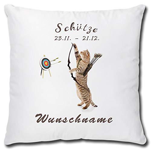 TRIOSK Kissen Katzenmotiv mit Namen personalisiert Sternzeichen Schütze Dekokissen Katze lustig Geschenk für Katzenliebhaber Frauen Mädchen Kinder 40x40 Weiß Bunt von TRIOSK