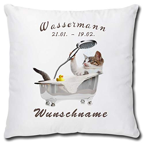 TRIOSK Kissen Katzenmotiv mit Namen personalisiert Sternzeichen Wassermann Dekokissen Katze lustig Geschenk für Katzenliebhaber Frauen Mädchen Kinder 40x40 Weiß Grau von TRIOSK