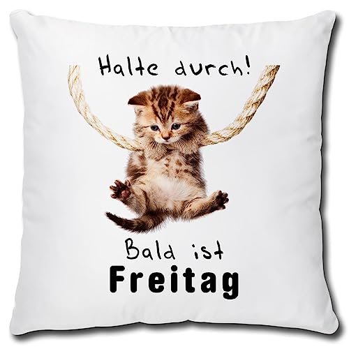 TRIOSK Kissen mit Katze Katzenmotiv Halte Durch Spruch lustig Bald ist Freitag Geschenk für Katzenliebhaber Frauen Freundin Dekokissen 40x40 von TRIOSK