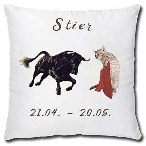 TRIOSK Kissen mit Katze Katzenmotiv Sternzeichen Stier Spruch lustig Katzen Geschenk für Katzenliebhaber Frauen Freundin Dekokissen 40x40 von TRIOSK