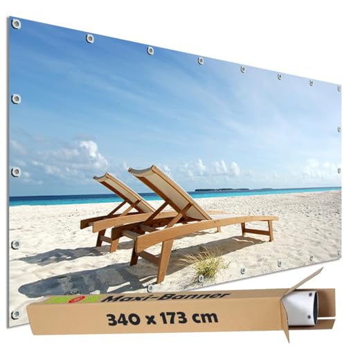 TRIOSK Sichtschutz Garten Dekoration Plane groß mit Natur Motiv Meer Strand Liegestuhl Motivbanner blickdicht für Terrasse Zaun Gartenzaun Bauzaunplane PVC Zaunblende 340x173 cm von TRIOSK