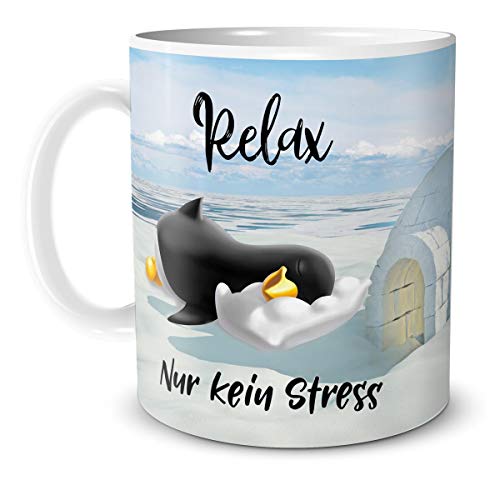 TRIOSK Pinguin Teebecher lustig mit Spruch Relax nur kein Stress, Keramik 330ml von TRIOSK