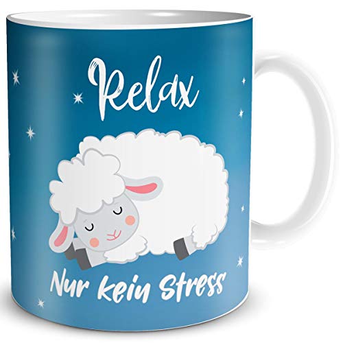 TRIOSK Schaf Tasse Relax Kein Stress mit Spruch lustig Schafmotiv Geschenk für Arbeit Büro Frauen Freundin Kollegin Schaffans von TRIOSK