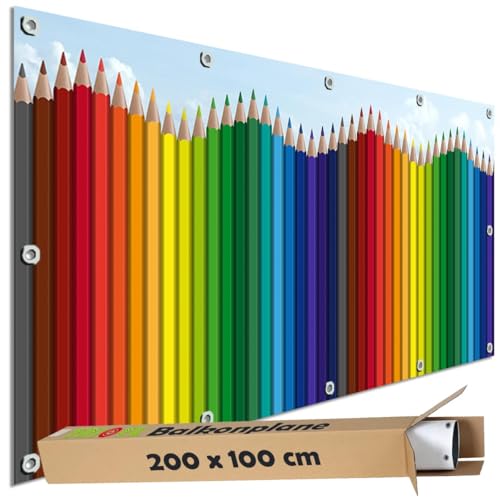 TRIOSK Sichtschutz Balkon Deko Plane Balkonblende Blickdicht mit Motiv Buntstifte Regenbogen für Garten Terrasse Gartenzaun Balkonverkleidung Blickschutz PVC groß 200x100 cm Bunt TRIOSK Sichtschutz Balkon Deko Plane Balkonblende Blickdicht mit Motiv Buntstifte Regenbogen für Garten Terrasse Gartenzaun Balkonverkleidung Blickschutz PVC groß 200x100 cm Bunt von TRIOSK