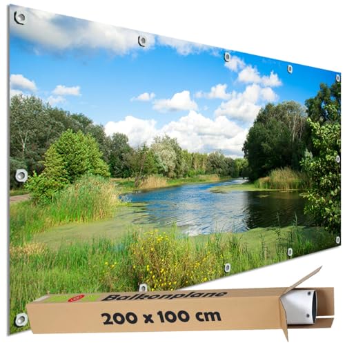 TRIOSK Sichtschutz Balkon Deko Plane Balkonblende Blickdicht mit Motiv Fluss Ufer Wasser Wiese für Garten Terrasse Gartenzaun Balkonverkleidung Blickschutz PVC groß 200x100 cm von TRIOSK