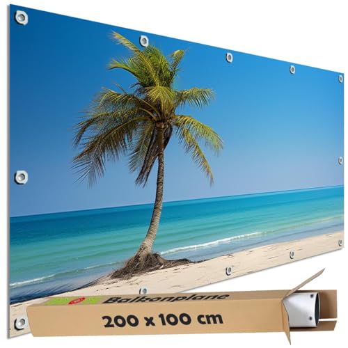 TRIOSK Sichtschutz Balkon Deko Plane Balkonblende Blickdicht mit Motiv Karibikpalme Meer Strand für Garten Terrasse Gartenzaun Balkonverkleidung Blickschutz PVC groß 200x100 cm von TRIOSK