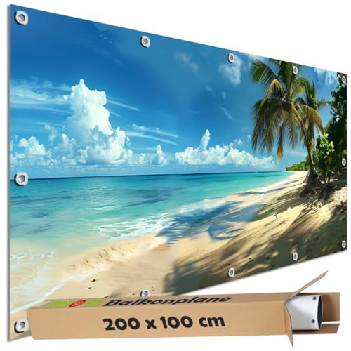 TRIOSK Sichtschutz Balkon Deko Plane Balkonblende Blickdicht mit Motiv Karibikstrand Meer Palmen Strand für Garten Terrasse Gartenzaun Balkonverkleidung Blickschutz PVC groß 200x100 cm von TRIOSK