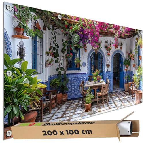 TRIOSK Sichtschutz Balkon Deko Plane Balkonblende Blickdicht mit Motiv Landhaus Terrasse Mediterran für Garten Terrasse Gartenzaun Balkonverkleidung Blickschutz PVC groß 200x100 cm von TRIOSK