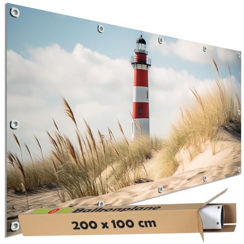 TRIOSK Sichtschutz Balkon Deko Plane Balkonblende Blickdicht mit Motiv Leuchtturm Strand Düne für Garten Terrasse Gartenzaun Balkonverkleidung Blickschutz PVC groß 200x100 cm von TRIOSK