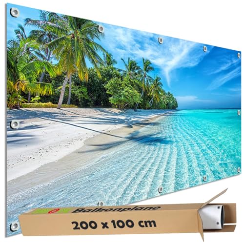 TRIOSK Sichtschutz Balkon Deko Plane Balkonblende Blickdicht mit Motiv Malediven Strand Tropical Beach für Garten Terrasse Gartenzaun Balkonverkleidung Blickschutz PVC groß 200x100 cm von TRIOSK