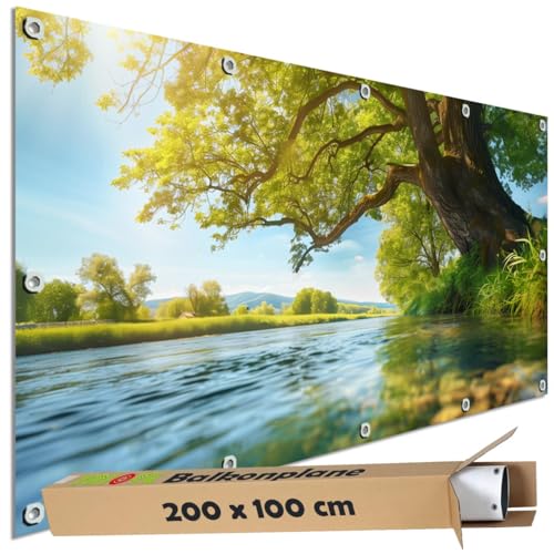 TRIOSK Sichtschutz Balkon Deko Plane Balkonblende Blickdicht mit Motiv Uferbaum Fluss Wasser Baum Sonne für Garten Terrasse Gartenzaun Balkonverkleidung Blickschutz PVC groß 200x100 cm von TRIOSK