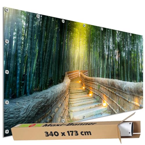 TRIOSK Sichtschutz Garten Dekoration Plane groß mit Natur Motiv Bambus Wald Bambusweg Motivbanner blickdicht für Terrasse Zaun Gartenzaun Bauzaunplane PVC Zaunblende 340x173 cm von TRIOSK