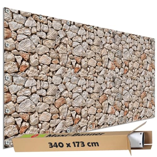 TRIOSK Sichtschutz Garten Dekoration Plane groß mit Motiv Bruchstein Mauer Hell Motivbanner blickdicht für Terrasse Zaun Gartenzaun Bauzaunplane PVC Zaunblende 340x173 cm von TRIOSK