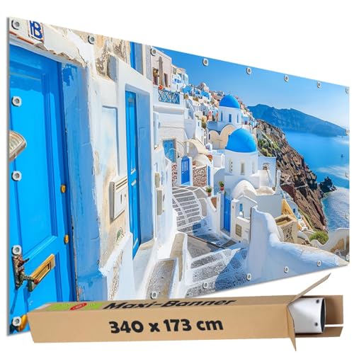 TRIOSK Sichtschutz Garten Dekoration Plane groß mit Motiv Griechenland Küste Santorin Motivbanner Blickdicht für Terrasse Zaun Gartenzaun Bauzaunplane PVC Zaunblende 340x173 cm von TRIOSK